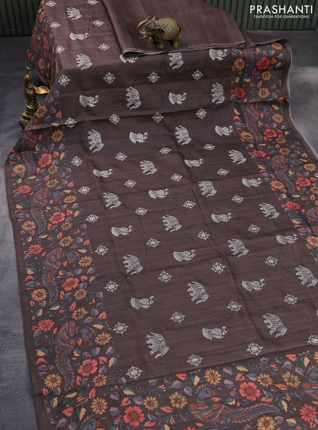 Semi tussar saree brown with embroidery & sequin work buttas and kalamkari printed border