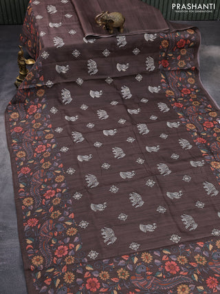 Semi tussar saree brown with embroidery & sequin work buttas and kalamkari printed border