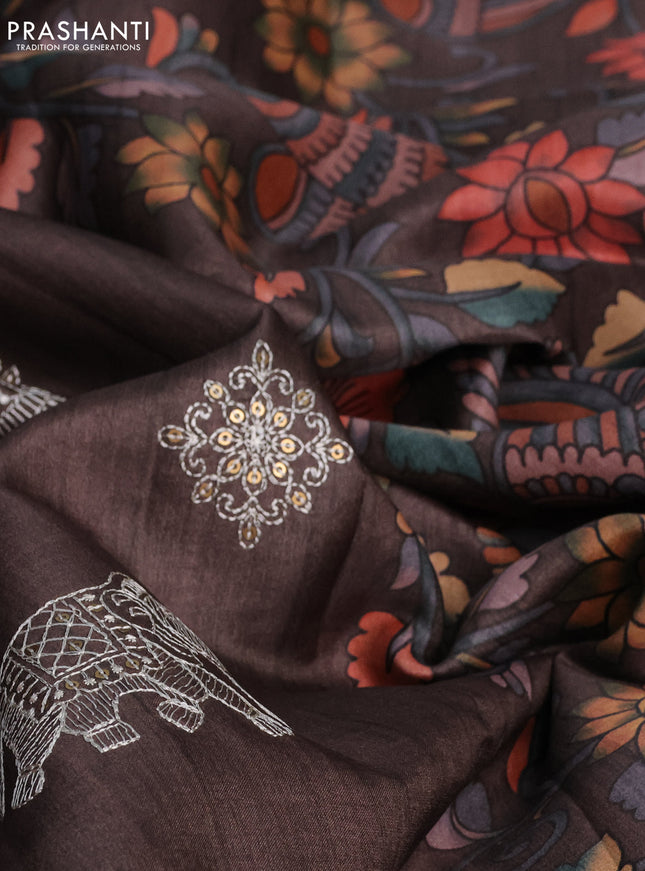 Semi tussar saree brown with embroidery & sequin work buttas and kalamkari printed border