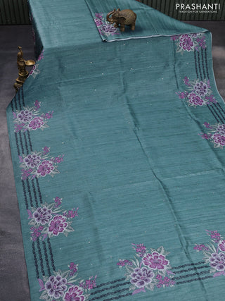 Semi tussar saree blue shade with mirror work and floral printed border
