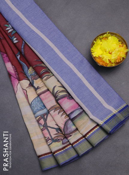 Mangalgiri cotton saree maroon and beige blue with allover prints and thread woven border