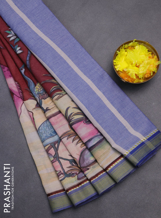 Mangalgiri cotton saree maroon and beige blue with allover prints and thread woven border