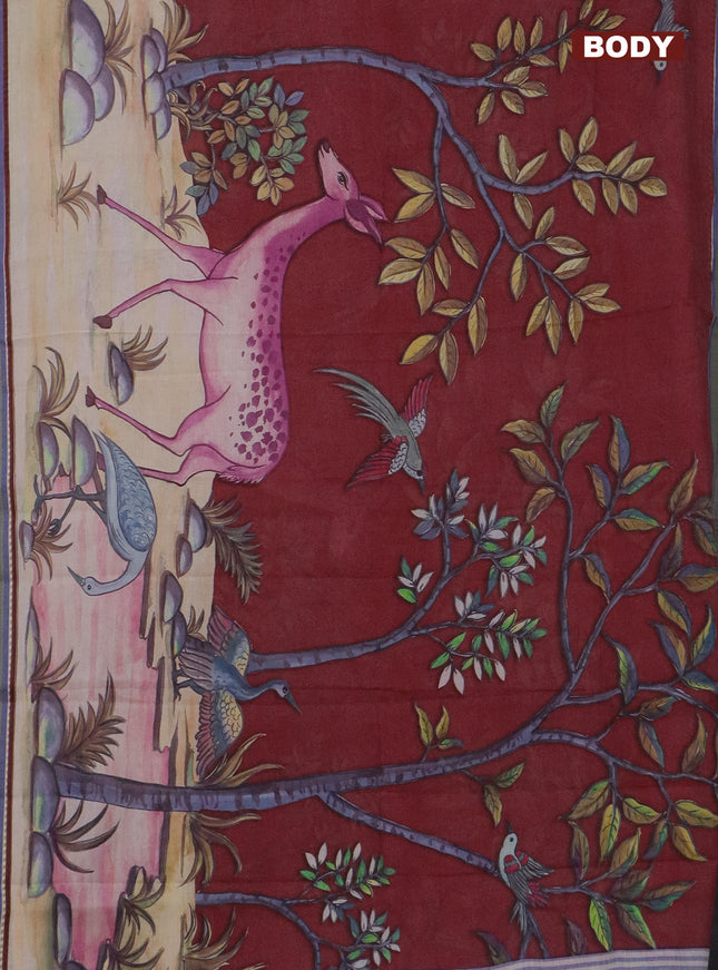 Mangalgiri cotton saree maroon and beige blue with allover prints and thread woven border