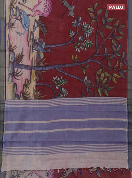 Mangalgiri cotton saree maroon and beige blue with allover prints and thread woven border