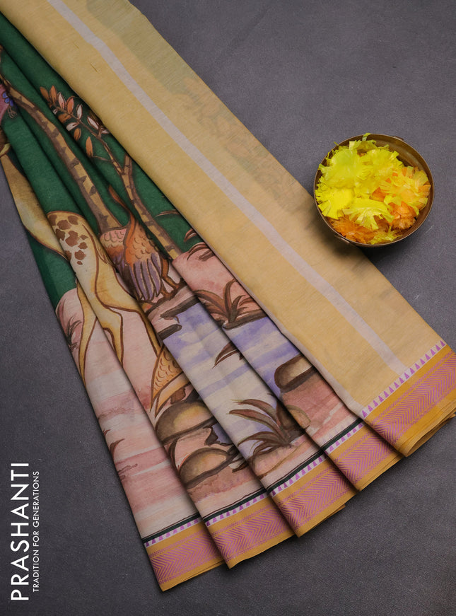 Mangalgiri cotton saree green and beige mustard yellow with allover prints and thread woven border
