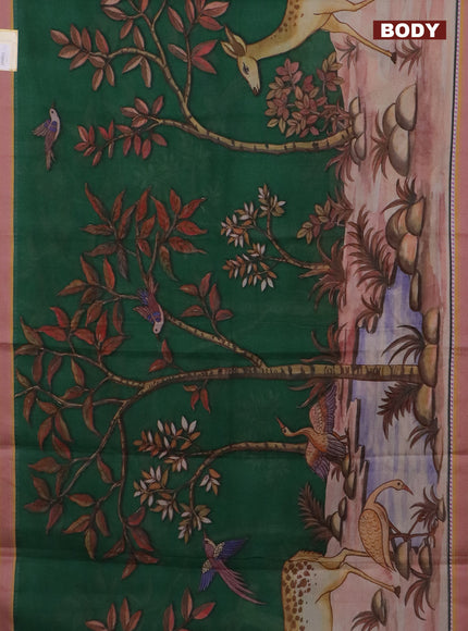 Mangalgiri cotton saree green and beige mustard yellow with allover prints and thread woven border