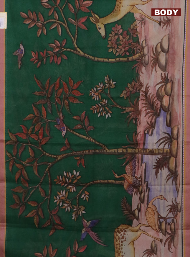 Mangalgiri cotton saree green and beige mustard yellow with allover prints and thread woven border