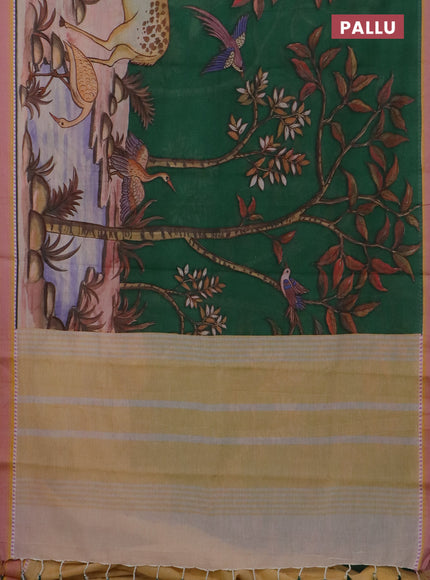 Mangalgiri cotton saree green and beige mustard yellow with allover prints and thread woven border