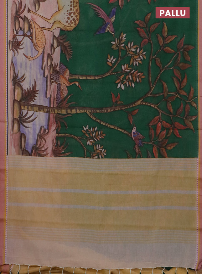 Mangalgiri cotton saree green and beige mustard yellow with allover prints and thread woven border