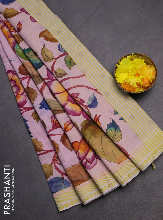 Mangalgiri cotton saree baby pink and lime green with allover floral prints and thread woven border
