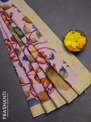Mangalgiri cotton saree baby pink and lime green with allover floral prints and thread woven border