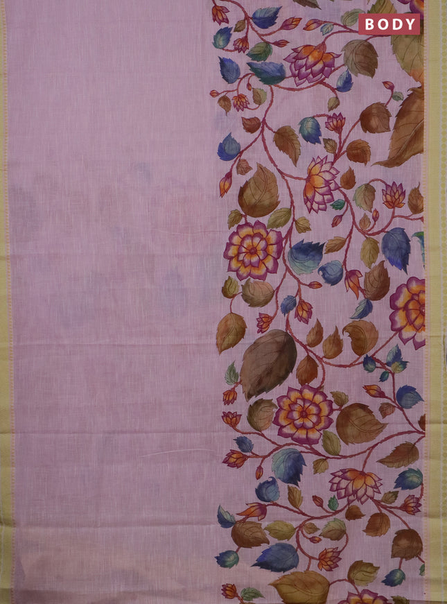 Mangalgiri cotton saree baby pink and lime green with allover floral prints and thread woven border