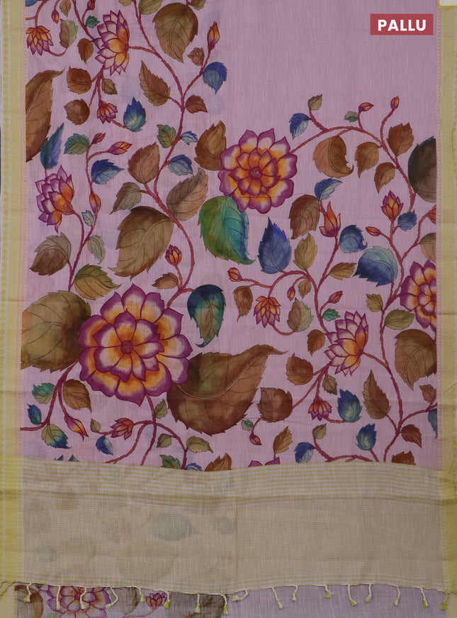 Mangalgiri cotton saree baby pink and lime green with allover floral prints and thread woven border