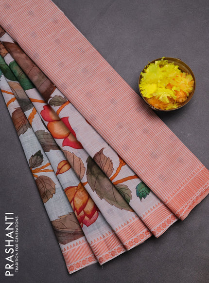 Mangalgiri cotton saree pastel grey and orange with allover floral prints and thread woven border