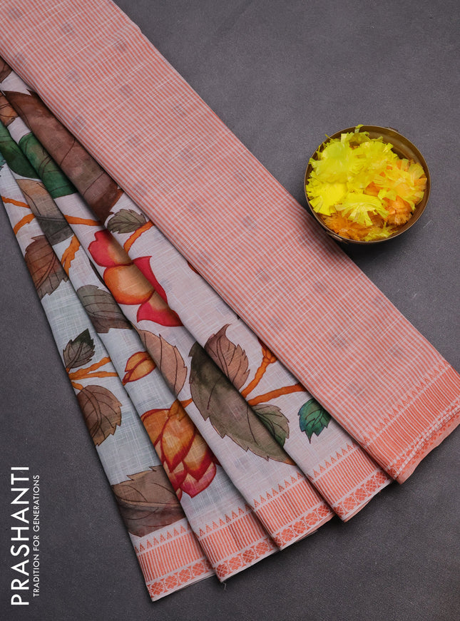 Mangalgiri cotton saree pastel grey and orange with allover floral prints and thread woven border