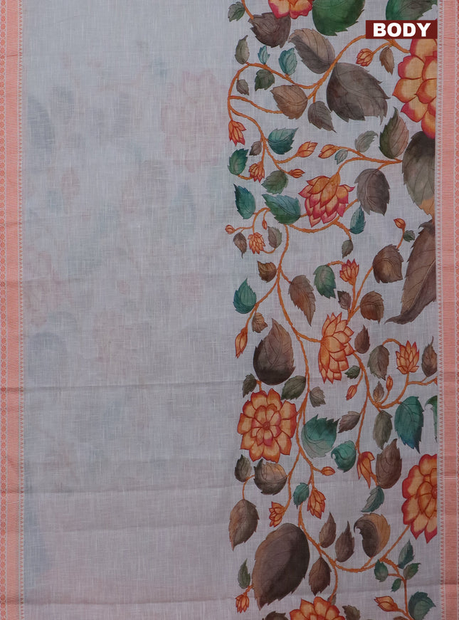 Mangalgiri cotton saree pastel grey and orange with allover floral prints and thread woven border