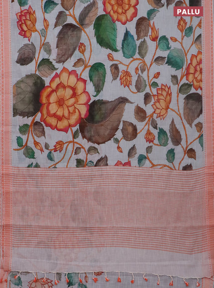 Mangalgiri cotton saree pastel grey and orange with allover floral prints and thread woven border