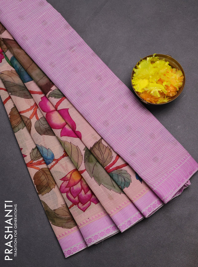 Mangalgiri cotton saree sandal and off white lotus pink with allover floral prints and thread woven border