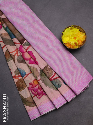 Mangalgiri cotton saree sandal and off white lotus pink with allover floral prints and thread woven border