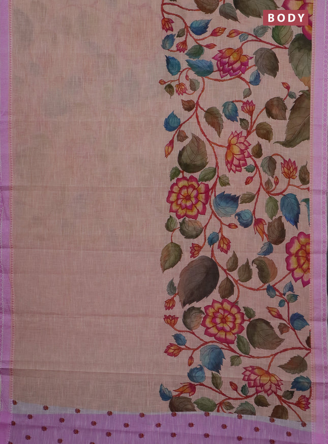 Mangalgiri cotton saree sandal and off white lotus pink with allover floral prints and thread woven border