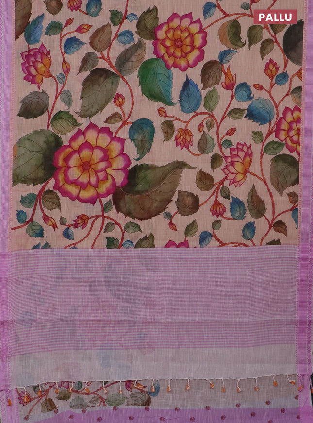 Mangalgiri cotton saree sandal and off white lotus pink with allover floral prints and thread woven border