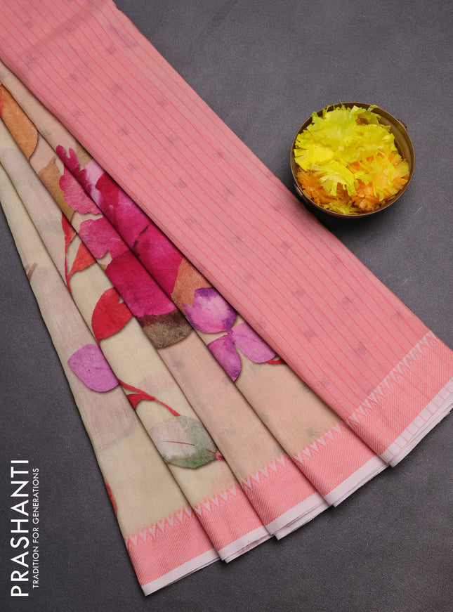 Mangalgiri cotton saree beige and peach orange with allover floral prints and thread woven border