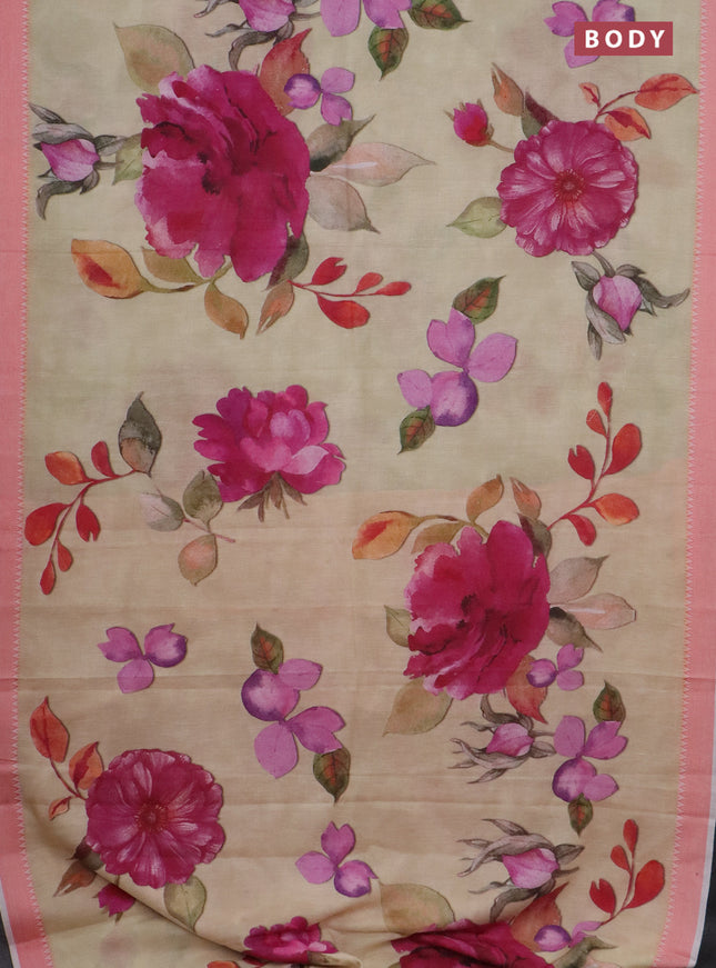 Mangalgiri cotton saree beige and peach orange with allover floral prints and thread woven border