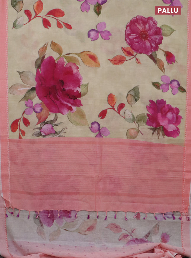 Mangalgiri cotton saree beige and peach orange with allover floral prints and thread woven border