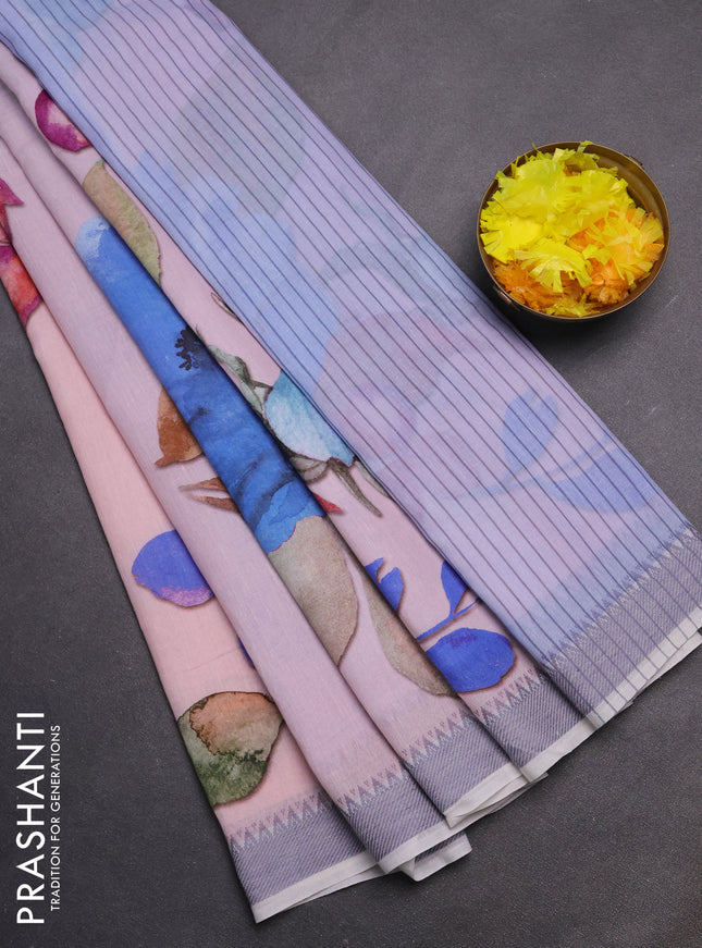 Mangalgiri cotton saree baby pink and off white grey with allover floral prints and thread woven border