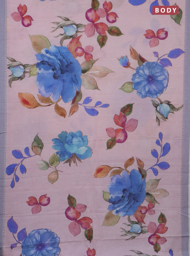 Mangalgiri cotton saree baby pink and off white grey with allover floral prints and thread woven border