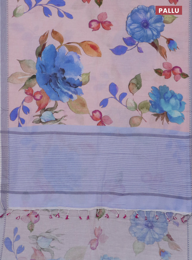 Mangalgiri cotton saree baby pink and off white grey with allover floral prints and thread woven border
