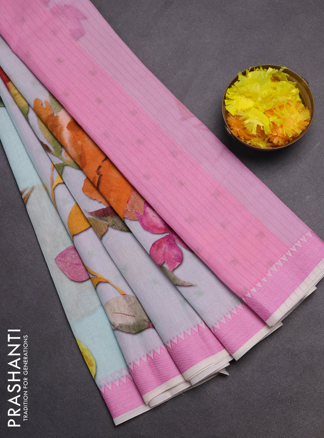 Mangalgiri cotton saree teal blue and light pink with allover floral prints and thread woven border