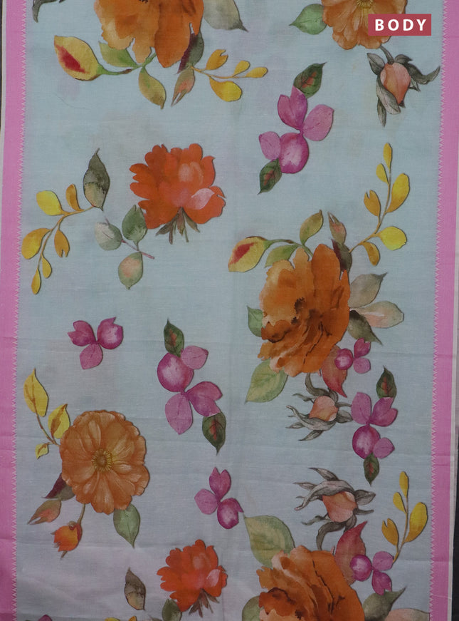 Mangalgiri cotton saree teal blue and light pink with allover floral prints and thread woven border