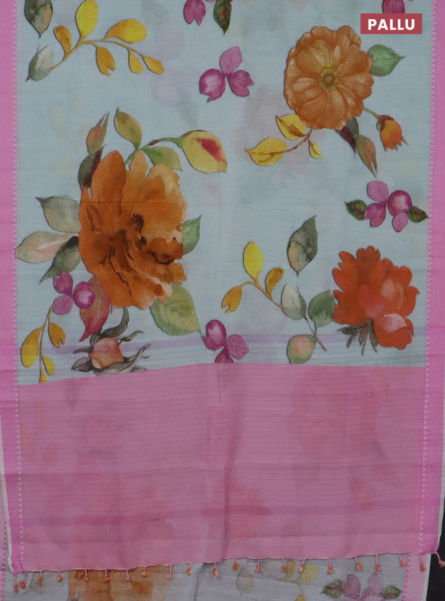 Mangalgiri cotton saree teal blue and light pink with allover floral prints and thread woven border