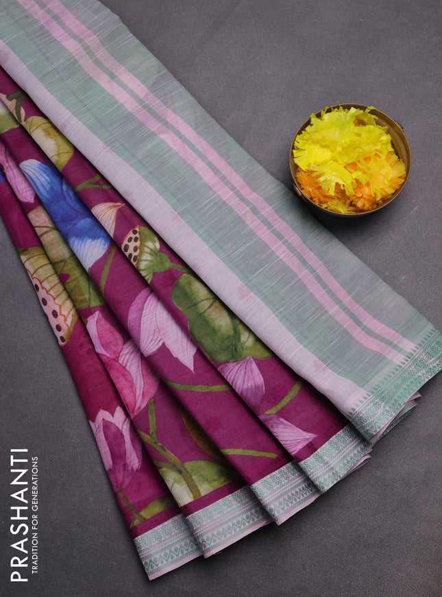 Mangalgiri cotton saree purple and pastel green with allover prints and thread woven border