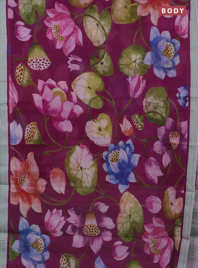 Mangalgiri cotton saree purple and pastel green with allover prints and thread woven border