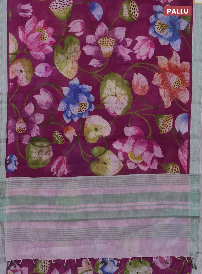 Mangalgiri cotton saree purple and pastel green with allover prints and thread woven border
