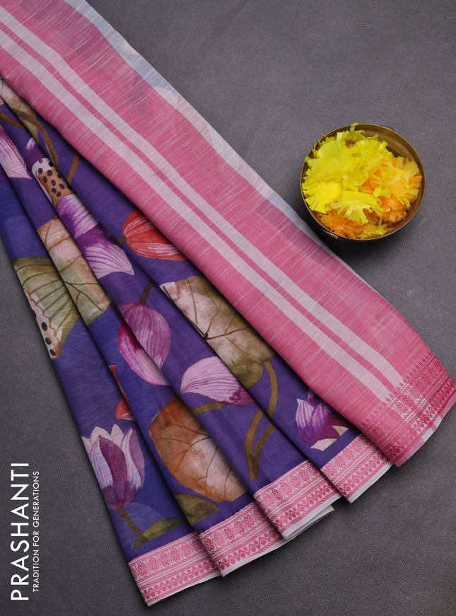 Mangalgiri cotton saree blue and off white pink with allover prints and thread woven border