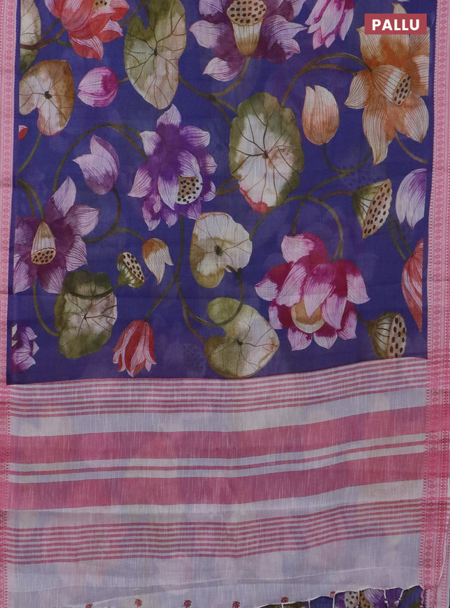 Mangalgiri cotton saree blue and off white pink with allover prints and thread woven border