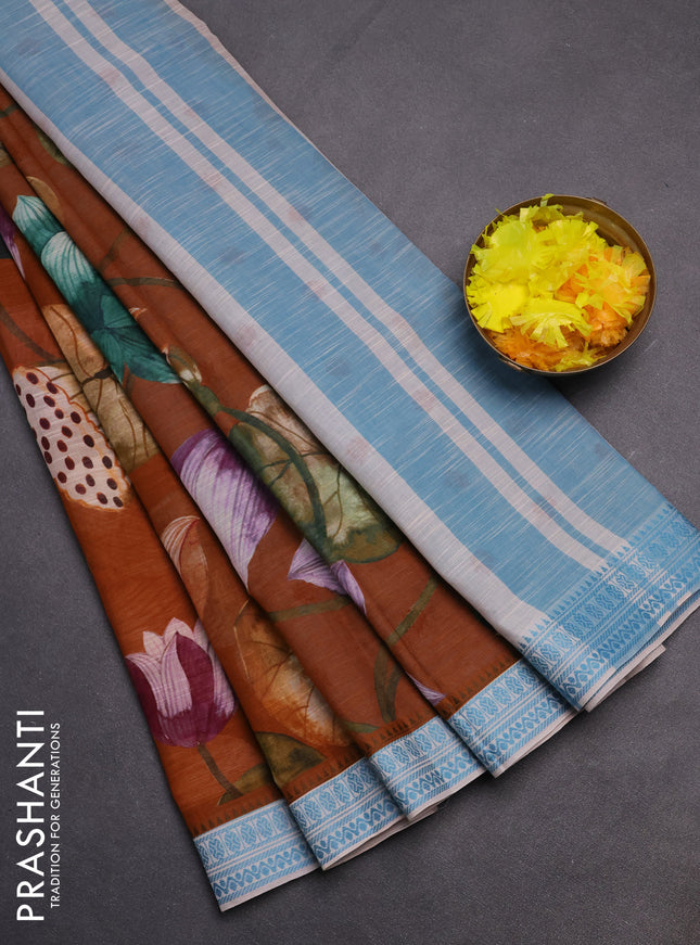 Mangalgiri cotton saree brown and cream blue with allover prints and thread woven border