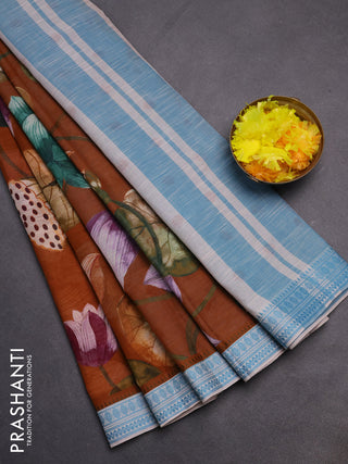 Mangalgiri cotton saree brown and cream blue with allover prints and thread woven border