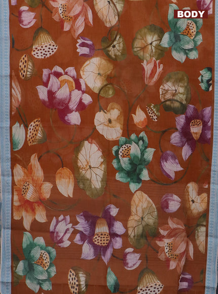 Mangalgiri cotton saree brown and cream blue with allover prints and thread woven border