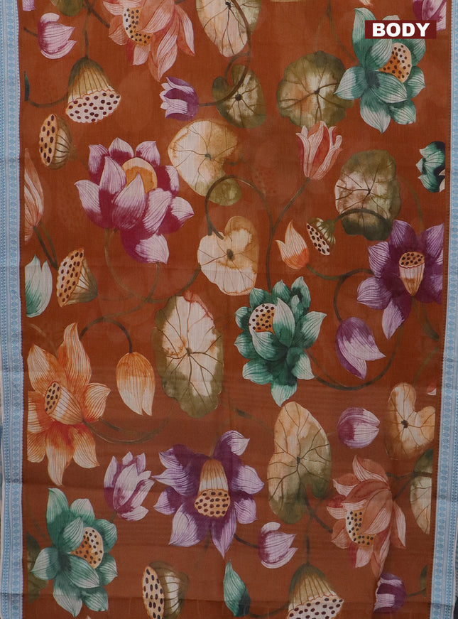 Mangalgiri cotton saree brown and cream blue with allover prints and thread woven border