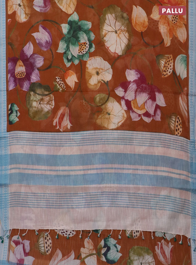 Mangalgiri cotton saree brown and cream blue with allover prints and thread woven border