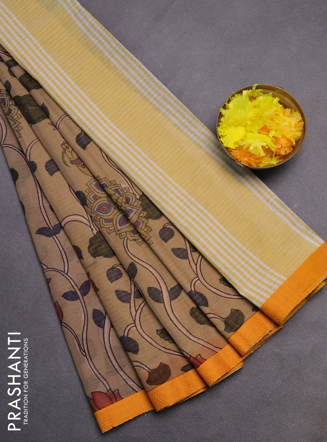 Mangalgiri cotton saree pastel brown and mustard yellow with allover kalamkari prints and thread woven border