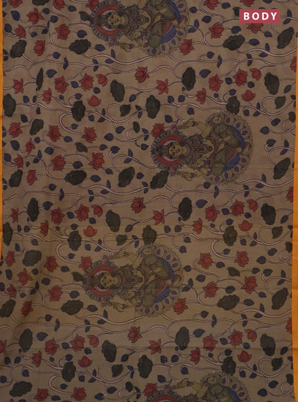 Mangalgiri cotton saree pastel brown and mustard yellow with allover kalamkari prints and thread woven border