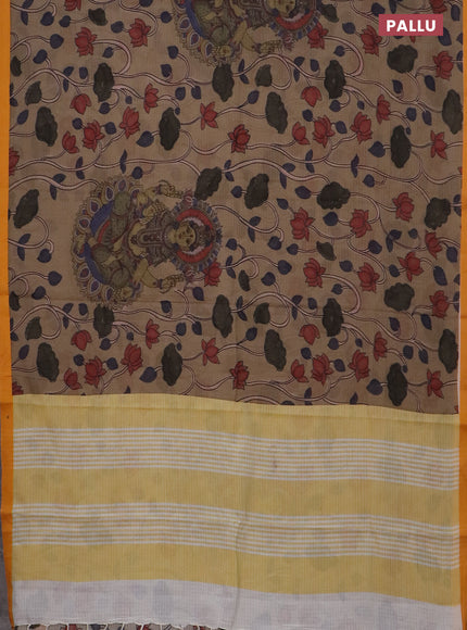 Mangalgiri cotton saree pastel brown and mustard yellow with allover kalamkari prints and thread woven border