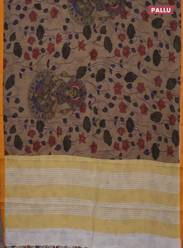 Mangalgiri cotton saree pastel brown and mustard yellow with allover kalamkari prints and thread woven border