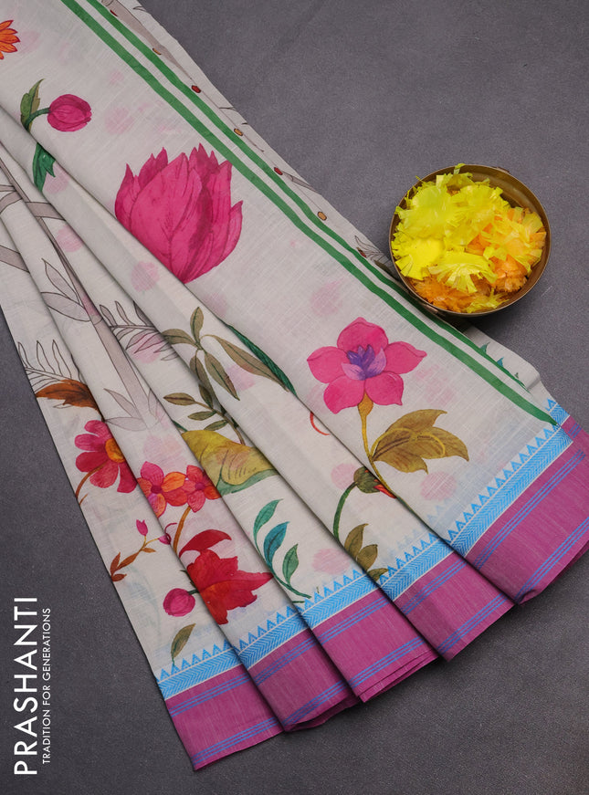 Mangalgiri cotton saree off white and purple with allover floral prints and thread woven border