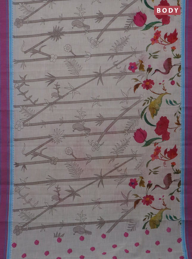 Mangalgiri cotton saree off white and purple with allover floral prints and thread woven border